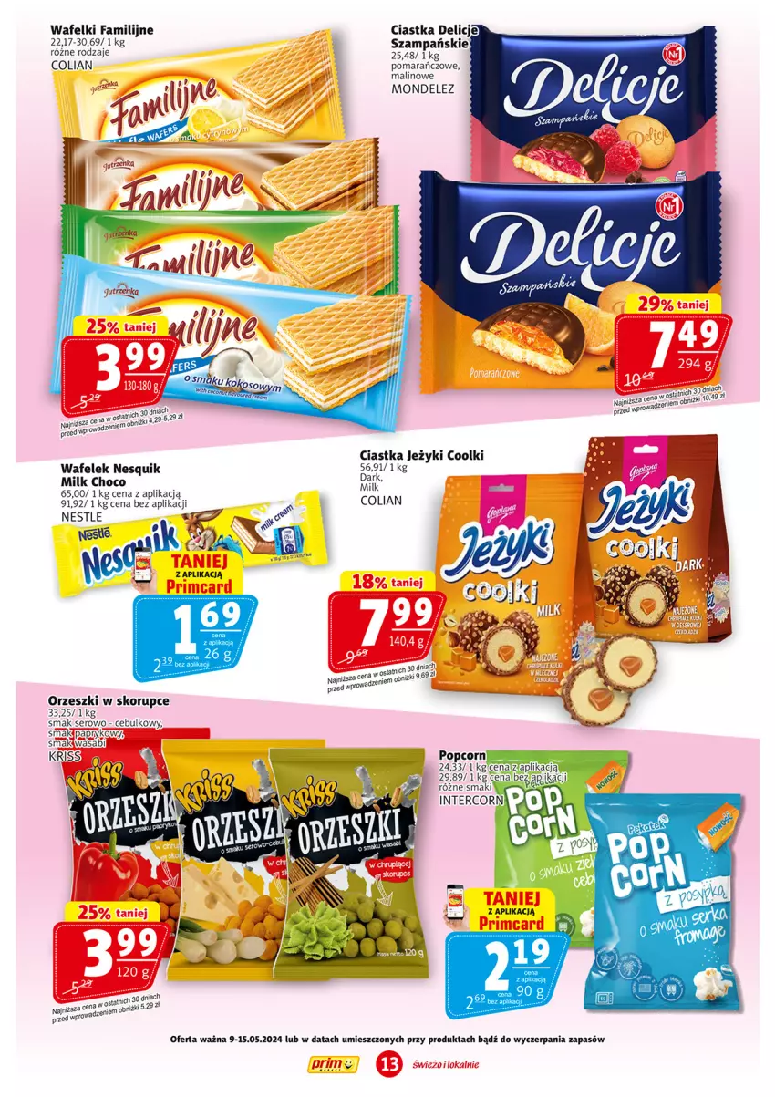 Gazetka promocyjna Prim Market - ważna 09.05 do 15.05.2024 - strona 13 - produkty: Ciastka, Delicje, Fa, Jeżyki, Nesquik, Orzeszki, Orzeszki w skorupce, Ser, Wafelek, Wasa