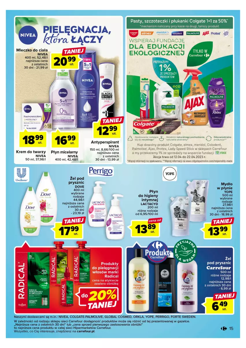 Gazetka promocyjna Carrefour - Gazetka Carrefour - ważna 11.04 do 22.04.2023 - strona 17 - produkty: Ajax, Antyperspirant, Colgate, Dove, Elmex, Krem do twarzy, Lactacyd, Lady Speed Stick, LG, Mars, Mleczko, Mleczko do ciała, Mydło, Mydło w płynie, Nivea, Palmolive, Płyn micelarny, Yope