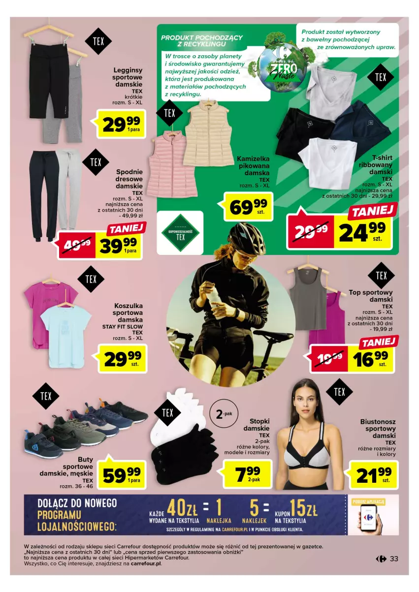 Gazetka promocyjna Carrefour - Gazetka Carrefour - ważna 11.04 do 22.04.2023 - strona 35 - produkty: Biustonosz, Buty, Dres, Gin, Kamizelka, Klej, Kosz, Koszulka, Koszulka sportowa, Legginsy, LG, Por, Spodnie, Sport, T-shirt, Top