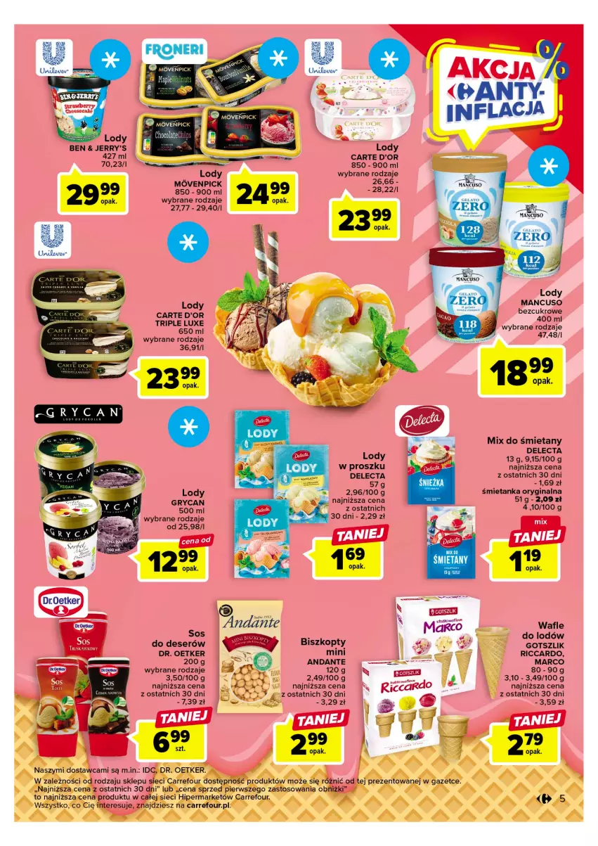 Gazetka promocyjna Carrefour - Gazetka Carrefour - ważna 11.04 do 22.04.2023 - strona 7 - produkty: Biszkopty, Carte d'Or, Delecta, Deser, Dr. Oetker, Gin, Gry, Lody, Ser, Wafle, Wafle do lodów