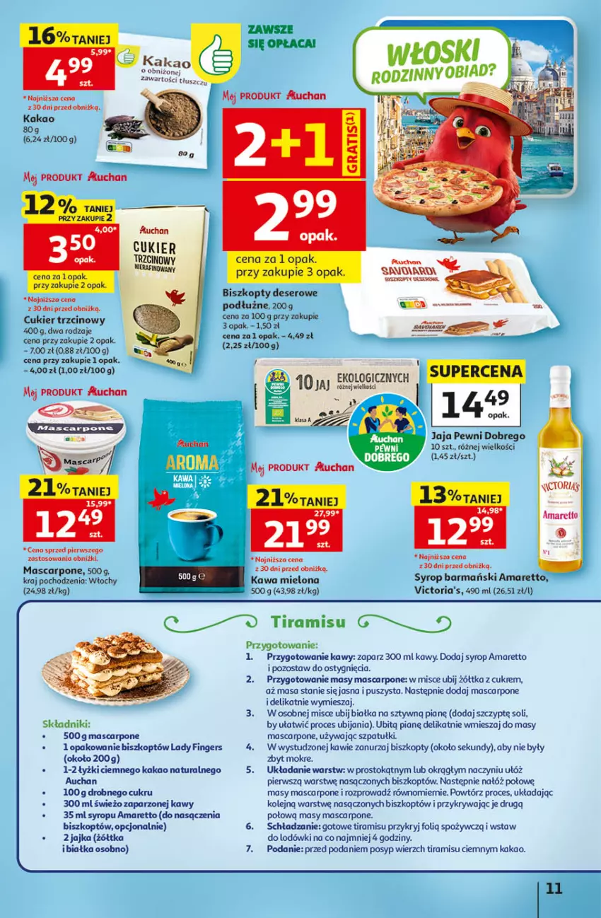 Gazetka promocyjna Auchan - Gazetka 30 Lat Hipermarket Auchan - ważna 14.05 do 20.05.2026 - strona 11 - produkty: Biszkopty, Cukier, Deser, Jaja, Kakao, Kawa, Kawa mielona, Mascarpone, O nas, Olej, Ser, Syrop