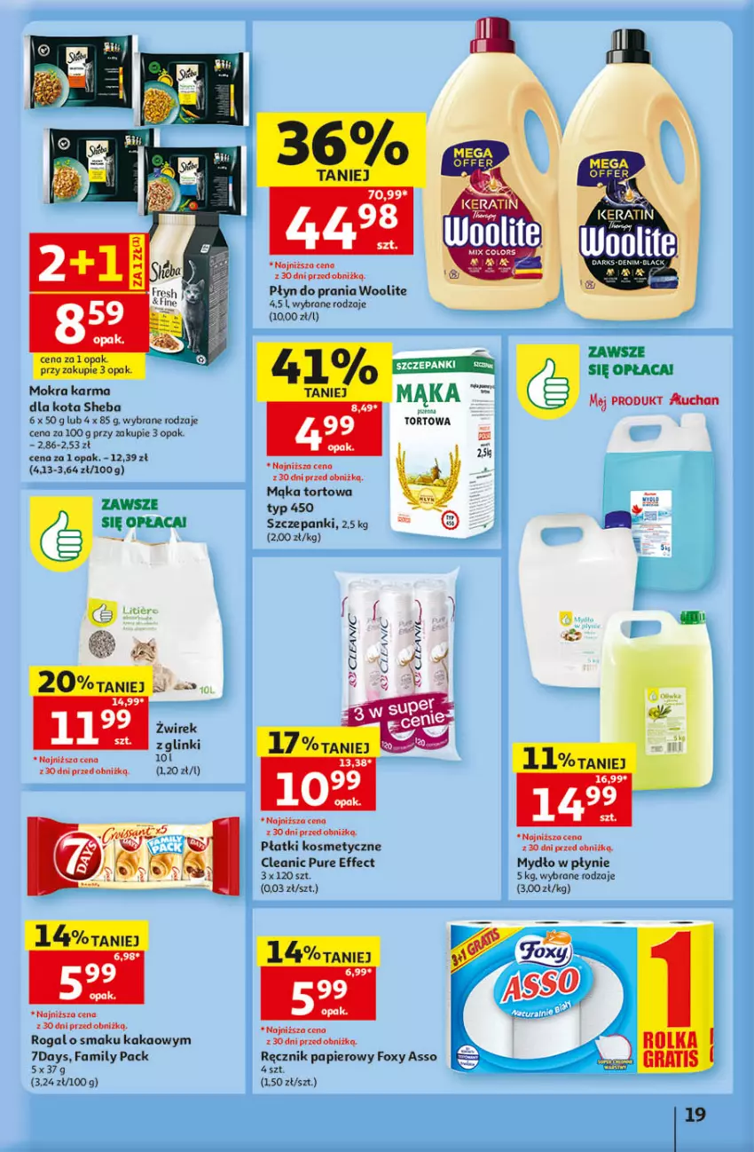 Gazetka promocyjna Auchan - Gazetka 30 Lat Hipermarket Auchan - ważna 14.05 do 20.05.2026 - strona 19 - produkty: Cleanic, Fa, Foxy, Kakao, Mąka, Mąka tortowa, Mokra karma, Mydło, Mydło w płynie, Papier, Płatki kosmetyczne, Płyn do prania, Pur, Ręcznik, Rogal, Sheba, Woolite