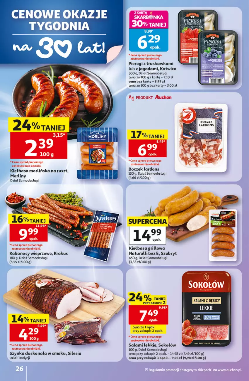 Gazetka promocyjna Auchan - Gazetka 30 Lat Hipermarket Auchan - ważna 14.05 do 20.05.2026 - strona 26 - produkty: BIC, Boczek, Grill, Kabanos, Kiełbasa, Krakus, Pierogi, Salami, Sok, Sokołów, Szubryt, Szynka