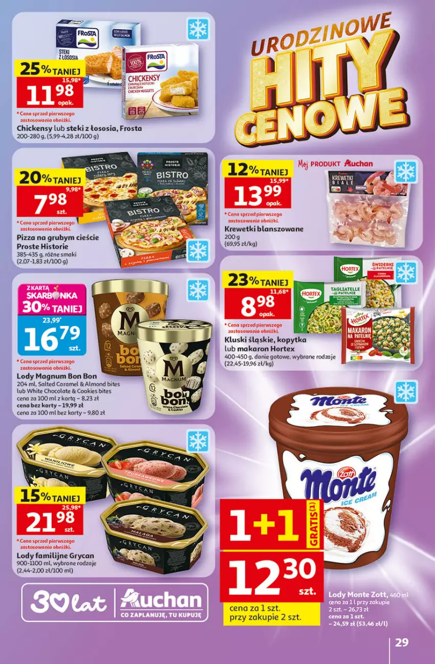 Gazetka promocyjna Auchan - Gazetka 30 Lat Hipermarket Auchan - ważna 14.05 do 20.05.2026 - strona 29 - produkty: Danie gotowe, Fa, Frosta, Gry, Hortex, Kopytka, Krewetki, Lody, Makaron, Pizza, Sos, Stek, Tagliatelle