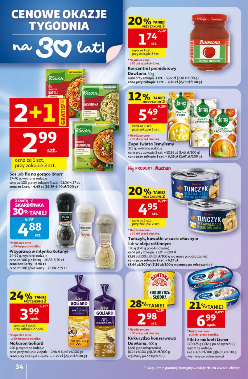 Gazetka promocyjna Auchan - Gazetka 30 Lat Hipermarket Auchan - ważna 14.05 do 20.05.2026 - strona 34 - produkty: Dawtona, Filet z makreli, Goliard, Kawa, Knorr, Koncentrat pomidorowy, Kukurydza, Kukurydza konserwowa, Lisner, Makaron, Olej, Ser, Sos, Tuńczyk, Zupa
