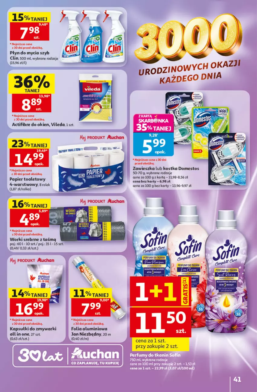 Gazetka promocyjna Auchan - Gazetka 30 Lat Hipermarket Auchan - ważna 14.05 do 20.05.2026 - strona 41 - produkty: Clin, Domestos, Folia aluminiowa, Jan Niezbędny, Papier, Papier toaletowy, Płyn do mycia, Vileda, Zmywarki