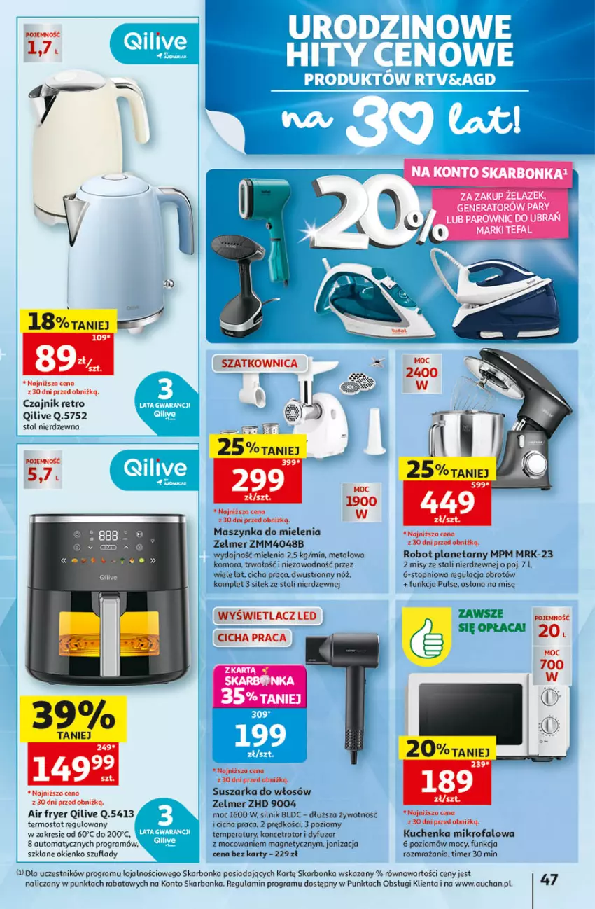 Gazetka promocyjna Auchan - Gazetka 30 Lat Hipermarket Auchan - ważna 14.05 do 20.05.2026 - strona 47 - produkty: Czajnik, Fa, Gra, Kuchenka mikrofalowa, Maszynka, Maszynka do mielenia, Robot, Robot planetarny, Suszarka, Szynka, Termos, Top, Zelmer