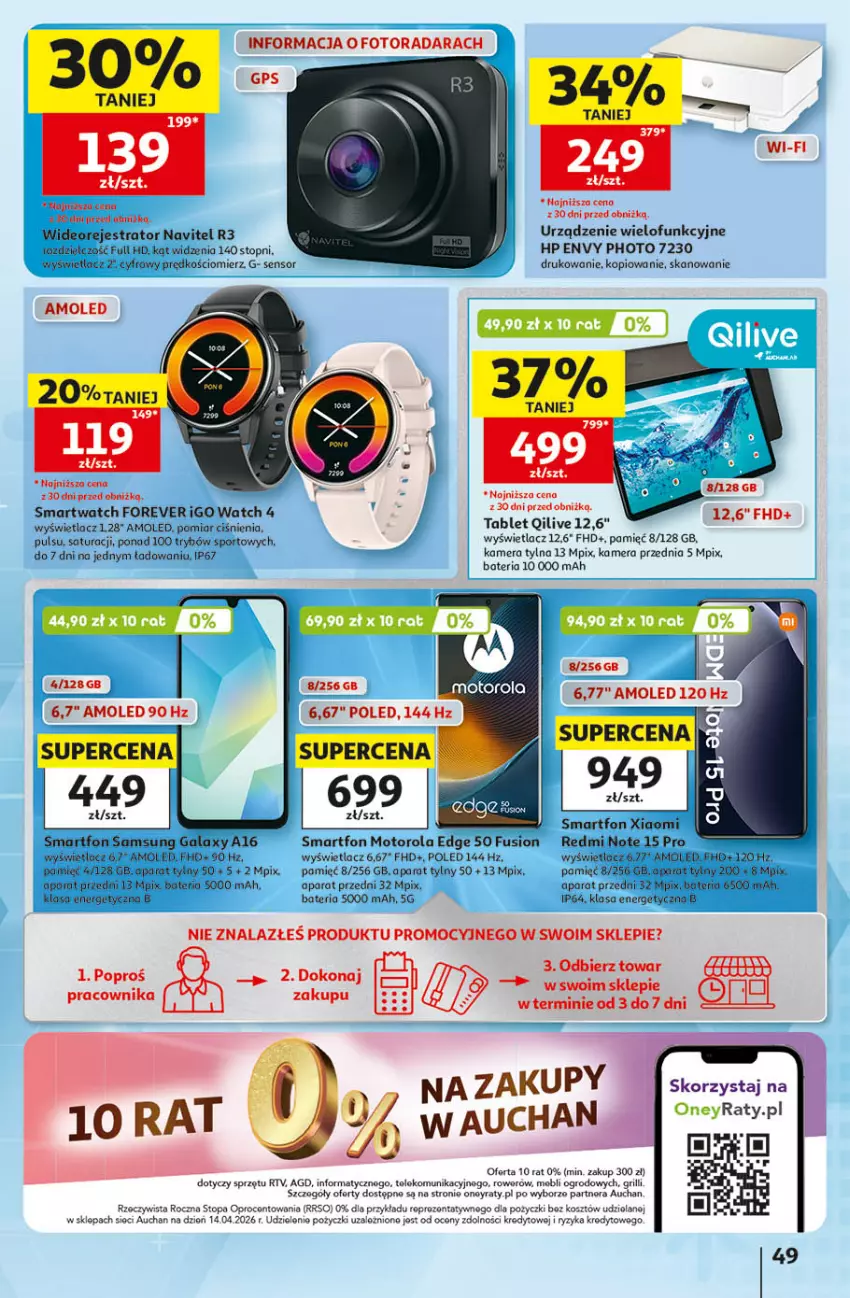 Gazetka promocyjna Auchan - Gazetka 30 Lat Hipermarket Auchan - ważna 14.05 do 20.05.2026 - strona 49 - produkty: Amol, Bateria, Fusion, Gala, Grill, HP, Kamera, Kosz, Motorola, Navitel, Por, Redmi Note, Rower, Samsung, Smartfon, Smartwatch, Sport, Tablet, Top, Urządzenie wielofunkcyjne, Wideorejestrator