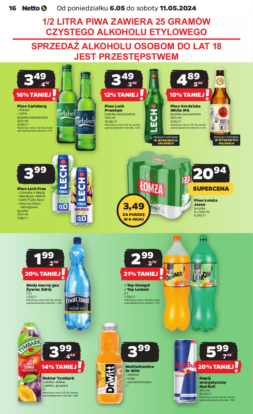 Gazetka promocyjna Netto - Artykuły spożywcze - ważna 06.05 do 11.05.2024 - strona 16 - produkty: Carlsberg, Gra, Lech Premium, Limonka, Melon, Napój, Napój energetyczny, Nektar, Piwa, Piwo, Red Bull, Top, Tymbark, Wino, Woda