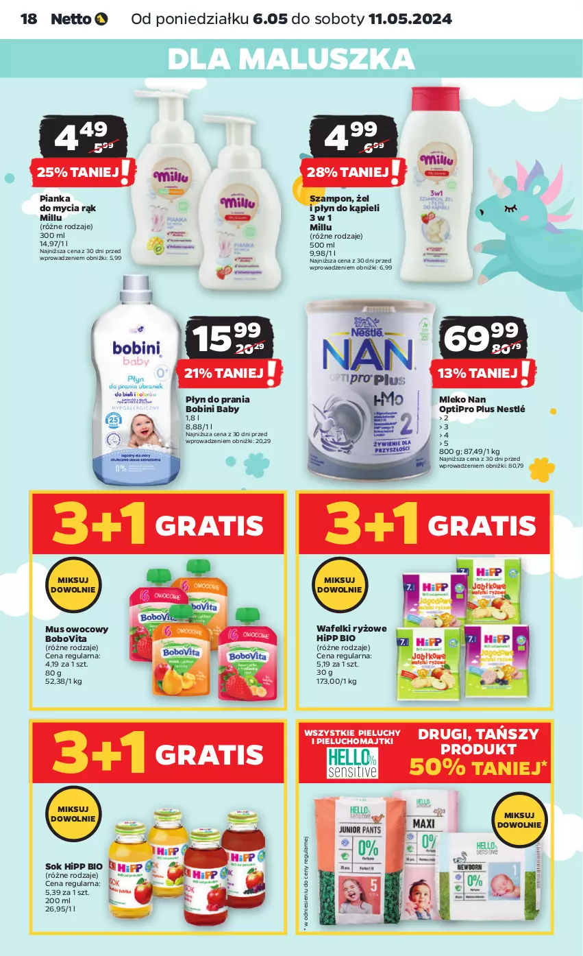 Gazetka promocyjna Netto - Artykuły spożywcze - ważna 06.05 do 11.05.2024 - strona 18 - produkty: BoboVita, Gra, HiPP, Hipp Bio, Majtki, Mleko, Mus, NAN Optipro, Nestlé, Pieluchomajtki, Pieluchy, Płyn do kąpieli, Płyn do prania, Ryż, Sok, Szampon