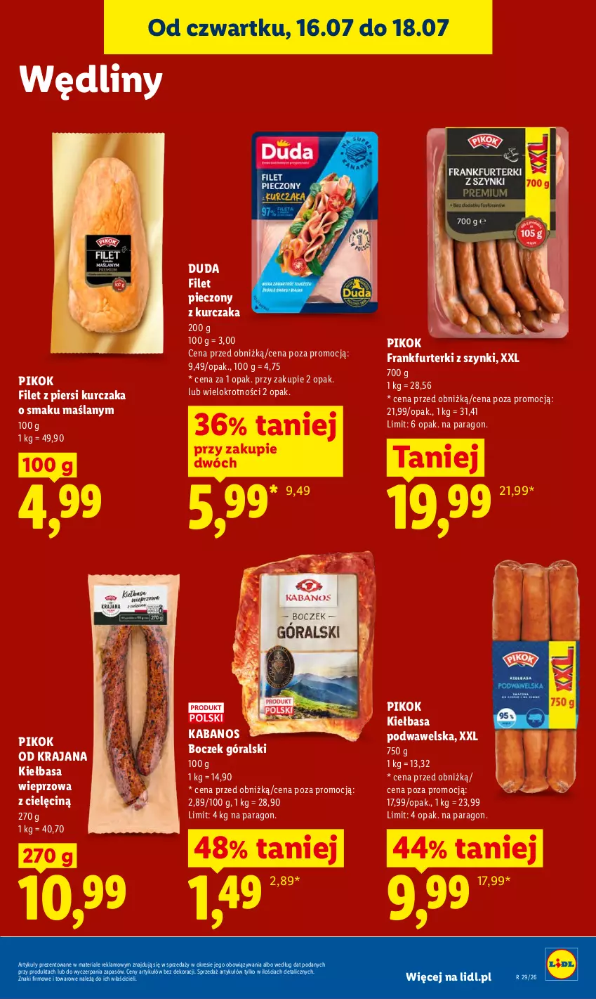 Gazetka promocyjna Lidl - Gazetka ważna od 16.07 do 18.07 - ważna 16.07 do 18.07.2026 - strona 61 - produkty: Boczek, Duda, Filet z piersi kurczaka, Frankfurterki, Kabanos, Kiełbasa, Kiełbasa podwawelska, Kurczak, Piec, PIKOK, Wawel