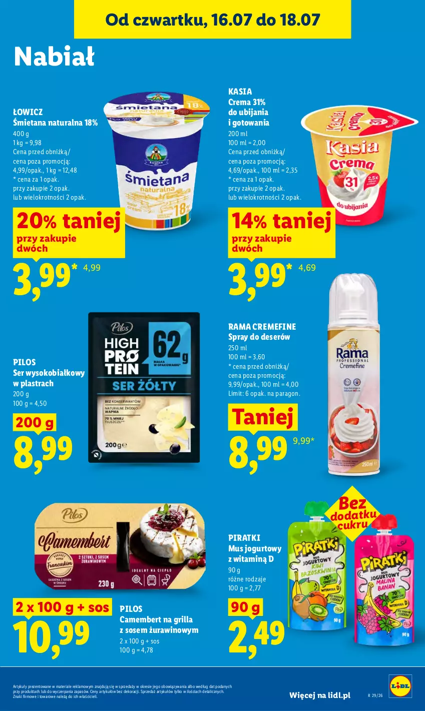 Gazetka promocyjna Lidl - Gazetka ważna od 16.07 do 18.07 - ważna 16.07 do 18.07.2026 - strona 65 - produkty: Camembert, Deser, Grill, Jogurt, Kasia, Mus, Pilos, Rama, Ser, Sok, Sos, Wino