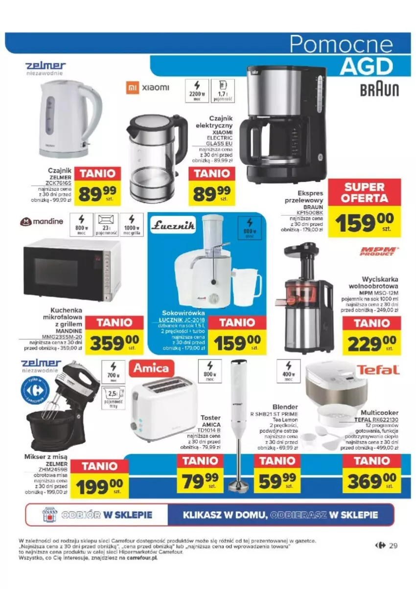 Gazetka promocyjna Carrefour - ważna 16.01 do 28.01.2024 - strona 22 - produkty: Amica, Blender, Braun, Czajnik, Czajnik elektryczny, Fa, Gra, Grill, Kuchenka mikrofalowa, Mikser, Mikser z misą, Ser, Sok, Tefal, Toster, Wyciskarka, Wyciskarka wolnoobrotowa, Zelmer