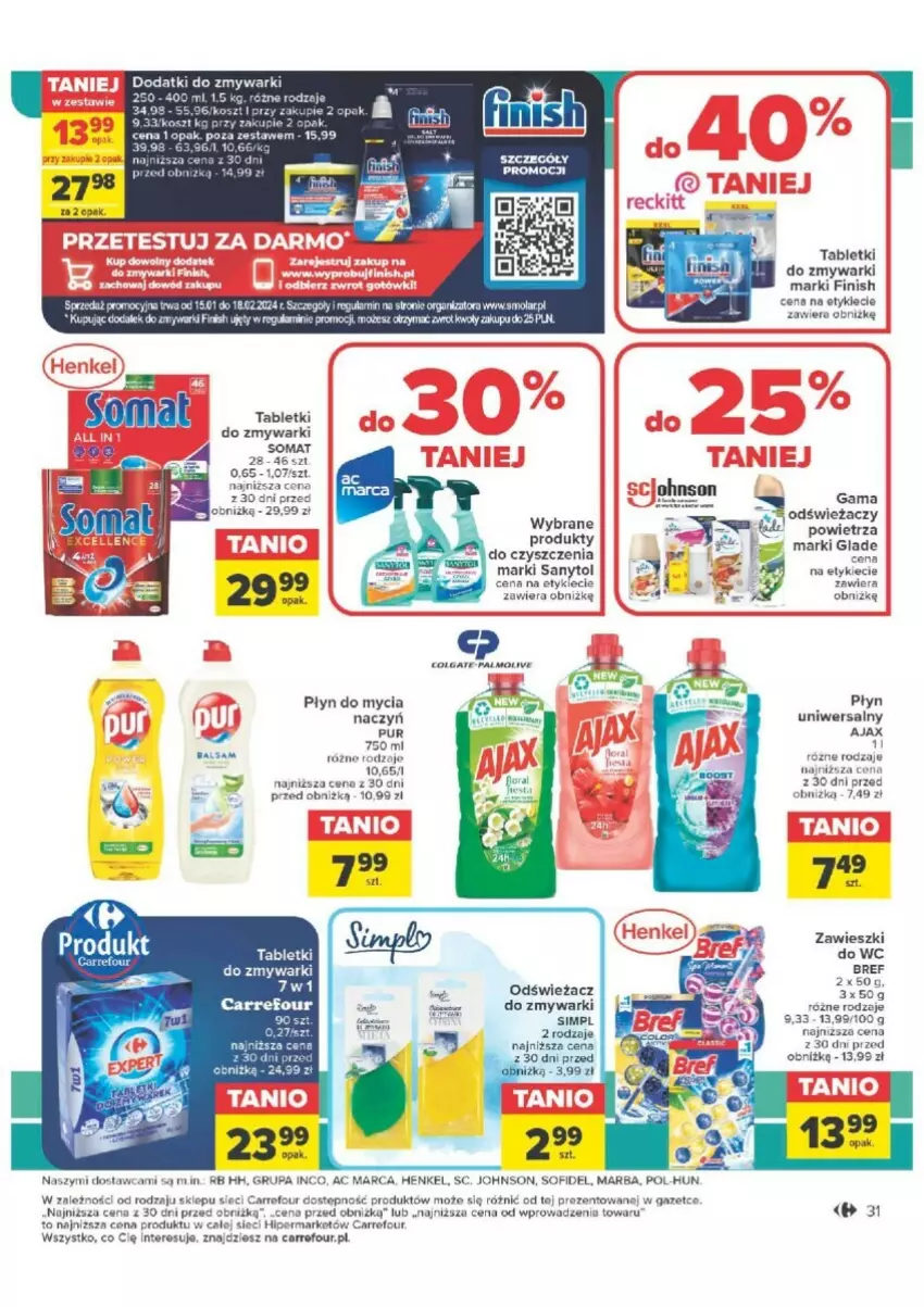 Gazetka promocyjna Carrefour - ważna 16.01 do 28.01.2024 - strona 25 - produkty: Ajax, Bref, Colgate, Finish, LG, Mola, Odświeżacz do zmywarki, Płyn do mycia, Pur, Sanytol, Somat, Tablet, Tabletki do zmywarki, Zawieszki, Zmywarki