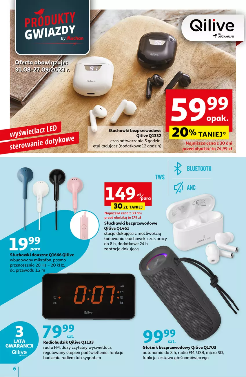 Gazetka promocyjna Auchan - Gazetka Qilive BY AUCHANLAB Hipermarket Auchan - ważna 31.08 do 13.09.2023 - strona 6 - produkty: Budzik, Głośnik, Radiobudzik, Słuchawki, Słuchawki bezprzewodowe, Top