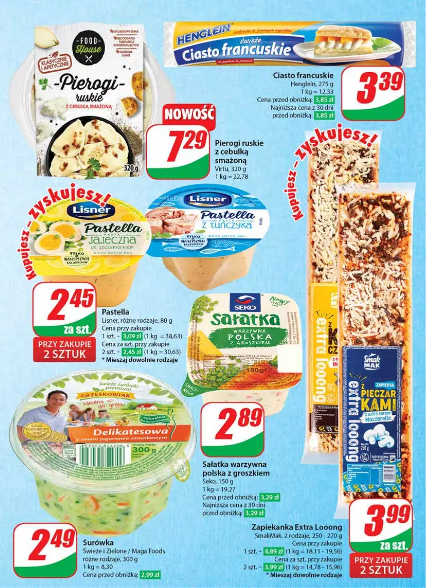 Gazetka promocyjna Dino - Gazetka 39 / 2024 - ważna 25.09 do 01.10.2024 - strona 38 - produkty: Ciasto francuskie, Jogurt, Lisner, Pastella, Pierogi, Sałat, Sałatka, Sałatka warzywna, SEKO, Ser, Sos, Surówka, Virtu, Zapiekanka