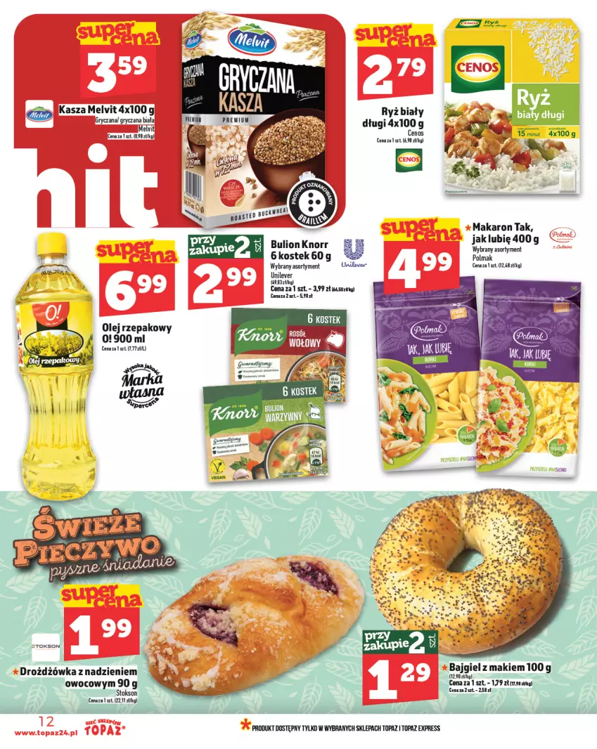 Gazetka promocyjna Topaz - Gazetka - ważna 06.03 do 12.03.2025 - strona 12 - produkty: Bulion, Cenos, Gry, Kasza, Knorr, Lion, Makaron, Melvit, Olej, Olej rzepakowy, Ryż, Ryż biały, Stek, Top