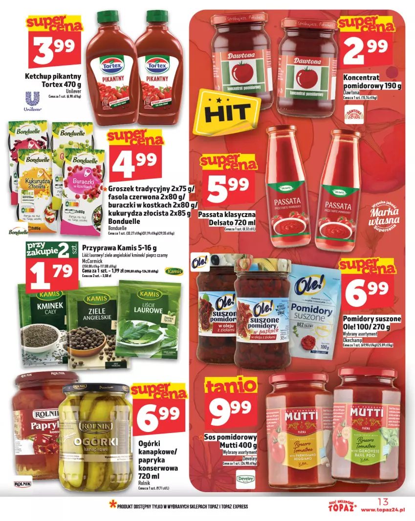 Gazetka promocyjna Topaz - Gazetka - ważna 06.03 do 12.03.2025 - strona 13 - produkty: Bonduelle, Buraczki, Fa, Fasola, Groszek, Kamis, Ketchup, Kminek, Kukurydza, Laur, Ole!, Papryka, Pieprz, Pomidory, Rolnik, Ser, Sos, Sos pomidorowy, Top, Ziele angielskie