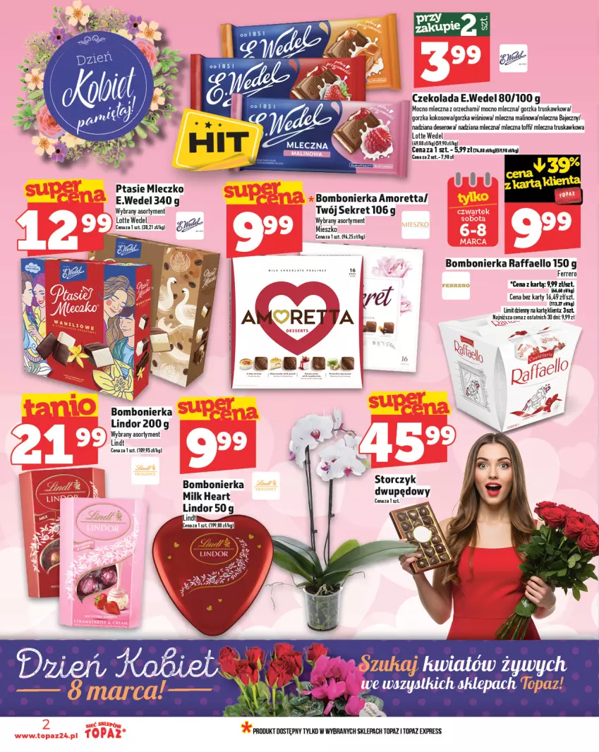 Gazetka promocyjna Topaz - Gazetka - ważna 06.03 do 12.03.2025 - strona 2 - produkty: Czekolada, Deser, Fa, Ferrero, Kokos, Kret, Lindor, Mleczko, Ptasie mleczko, Raffaello, Ser, Top