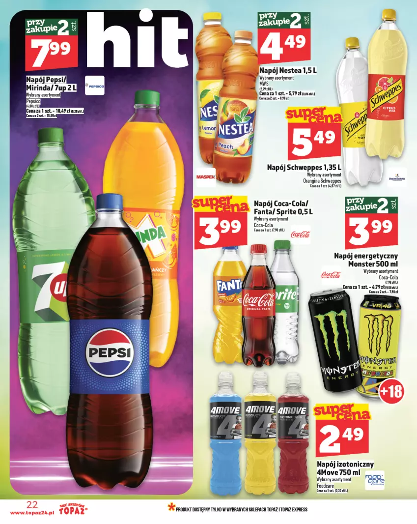 Gazetka promocyjna Topaz - Gazetka - ważna 06.03 do 12.03.2025 - strona 22 - produkty: 7up, Coca-Cola, Fa, Fanta, Gin, Napój, Napój energetyczny, Napój izotoniczny, Nestea, Pepsi, Schweppes, Sprite, Top