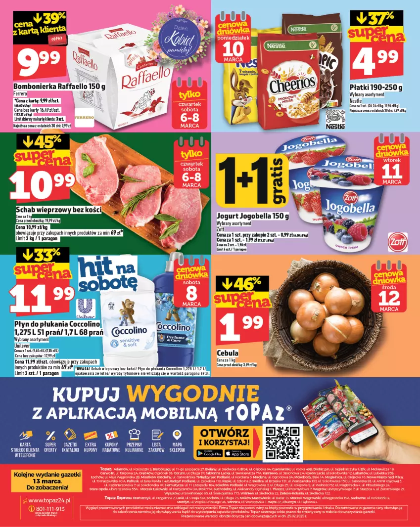 Gazetka promocyjna Topaz - Gazetka - ważna 06.03 do 12.03.2025 - strona 28 - produkty: Bell, Bella, Cebula, Coccolino, Fa, Ferrero, Jogobella, Jogurt, Olej, Płyn do płukania, Raffaello, Schab wieprzowy, Telefon, Waga