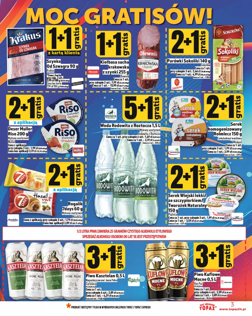 Gazetka promocyjna Topaz - Gazetka - ważna 06.03 do 12.03.2025 - strona 3 - produkty: Carlsberg, Deser, Fa, Gra, Kasztelan, Kiełbasa, Koc, Miecz, Parówki, Parówki sokoliki, Piwa, Piwo, Rogal, Ser, Serek, Serek wiejski, Sok, Sokołów, Szynka, Top, Woda