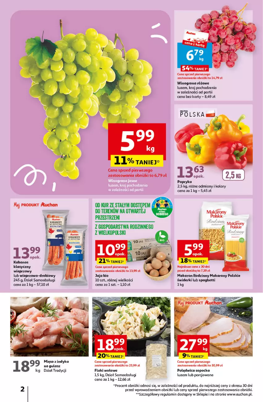 Gazetka promocyjna Auchan - Gazetka Koszyk Oszczędności Moje Auchan - ważna 14.09 do 20.09.2023 - strona 2 - produkty: Flaki, Flaki wołowe, Jaja, Kabanos, Makaron, Mięso, Mięso z indyka, Papryka, Polędwica, Por, Spaghetti, Wino, Winogrona