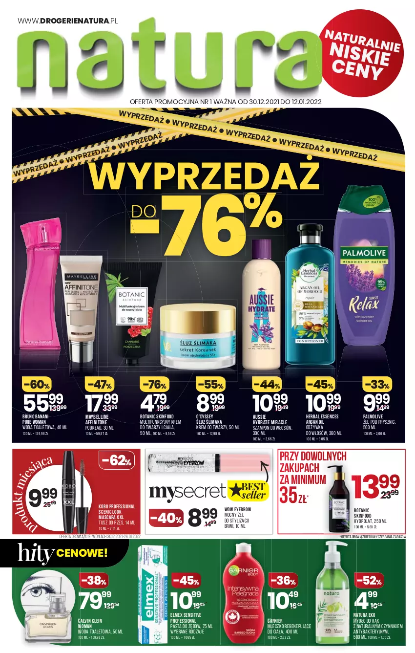 Gazetka promocyjna Drogerie Natura - Gazetka Drogerie Natura - ważna 30.12.2021 do 12.01.2022 - strona 1 - produkty: Bell, Bruno Banani, Calvin Klein, Elmex, Garnier, Hydrolat, KOBO, Krem do twarzy, Maybelline, Mleczko, Mydło, Odżywka, Palmolive, Pasta do zębów, Podkład, Pur, SKINFOOD, Szampon, Tusz, Woda, Woda toaletowa