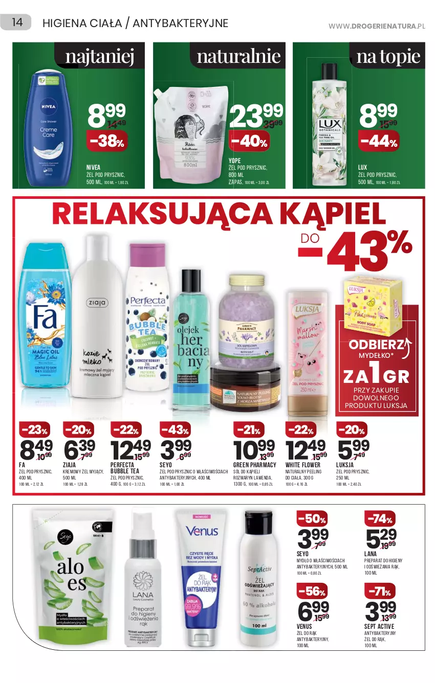 Gazetka promocyjna Drogerie Natura - Gazetka Drogerie Natura - ważna 30.12.2021 do 12.01.2022 - strona 14 - produkty: Fa, Green pharmacy, LANA, Luksja, Mydło, Nivea, Peeling, Perfecta, Sól, Sól do kąpieli, Top, Venus, Yope, Ziaja