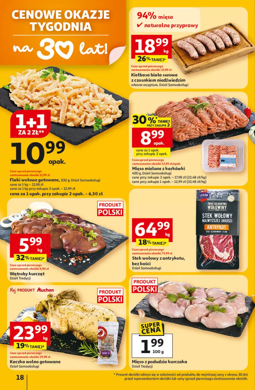 Gazetka promocyjna Auchan - Gazetka 30 Lat Hipermarket Auchan - ważna 22.01 do 28.01.2026 - strona 18 - produkty: Flaki, Flaki wołowe, Kaczka, Kiełbasa, Kiełbasa biała, Kurczak, Mięso, Mięso mielone, Stek, Stek wołowy