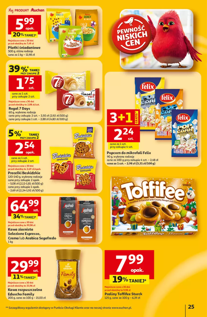Gazetka promocyjna Auchan - Gazetka 30 Lat Hipermarket Auchan - ważna 22.01 do 28.01.2026 - strona 25 - produkty: 7 Days, Beskidzki, BIC, Danio, Fa, Felix, Gra, Kawa, Kawa rozpuszczalna, Kawa ziarnista, Popcorn, Praliny, Precelki, Rogal, Segafredo, Toffifee