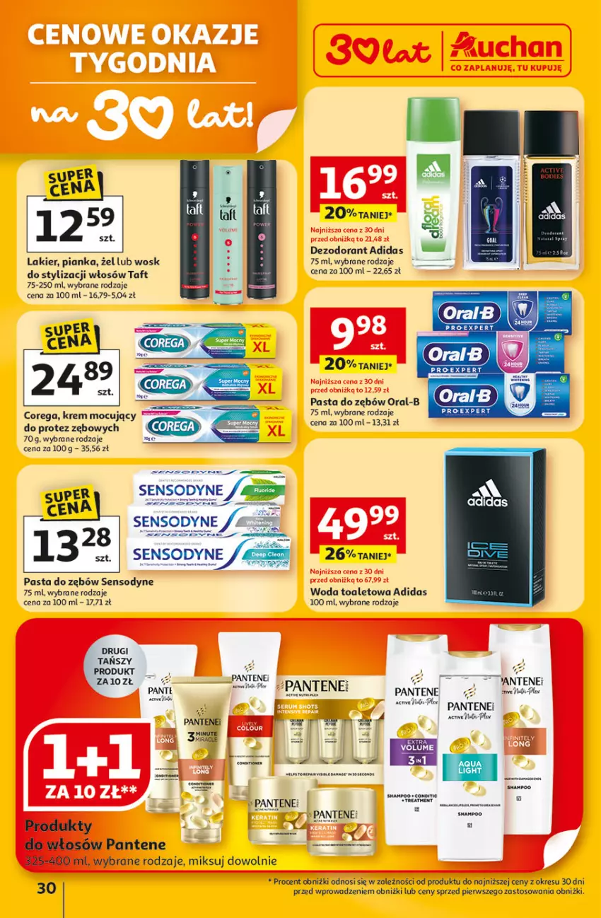 Gazetka promocyjna Auchan - Gazetka 30 Lat Hipermarket Auchan - ważna 22.01 do 28.01.2026 - strona 30 - produkty: Adidas, Corega, Dezodorant, Lakier, Pantene, Pasta do zębów, Por, Sensodyne, Taft, Woda, Woda toaletowa
