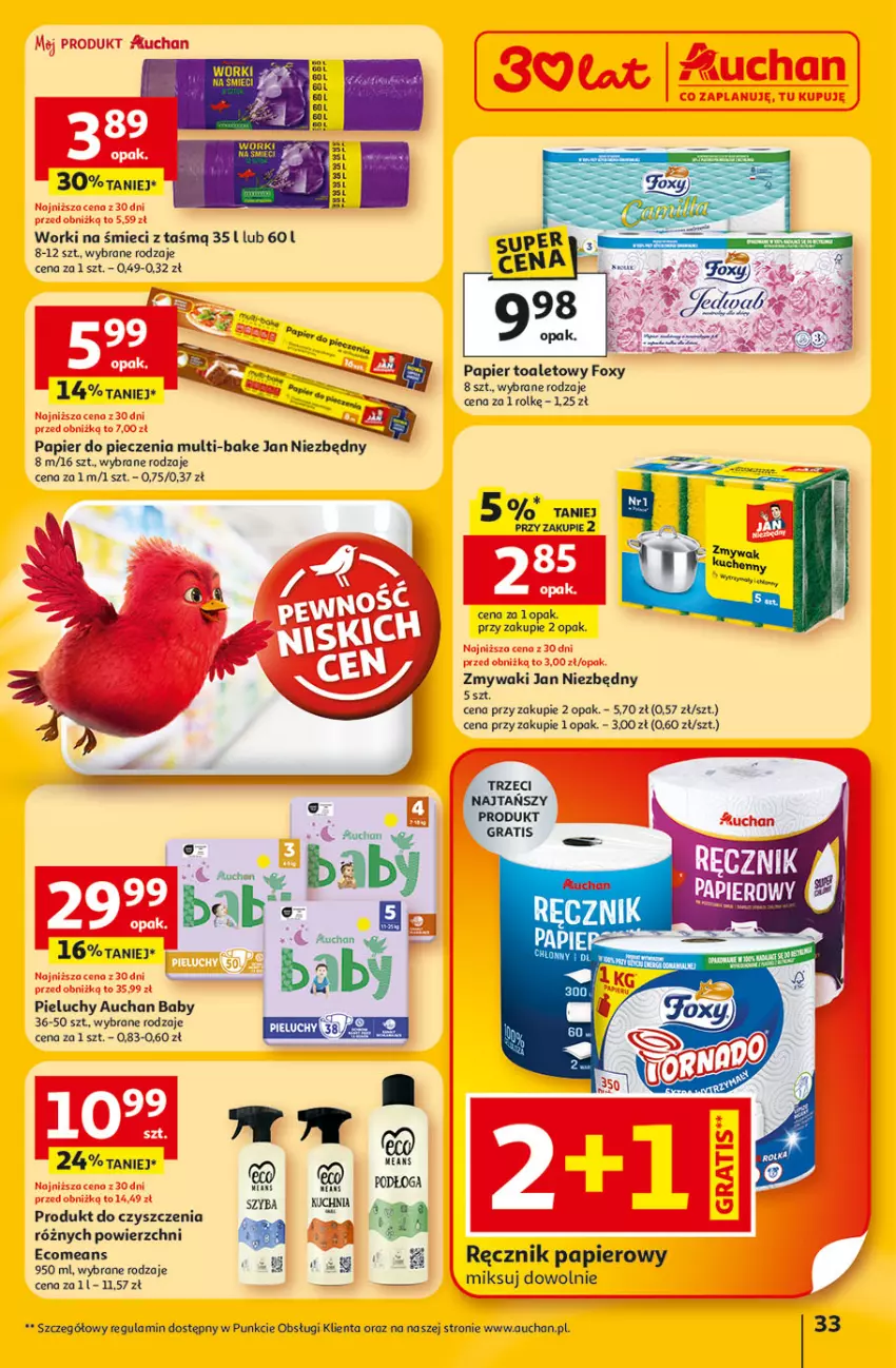 Gazetka promocyjna Auchan - Gazetka 30 Lat Hipermarket Auchan - ważna 22.01 do 28.01.2026 - strona 33 - produkty: Foxy, Gra, Jan Niezbędny, Koc, Papier, Papier do pieczenia, Papier toaletowy, Piec, Pieluchy, Ręcznik, Worki na śmiec, Worki na śmieci