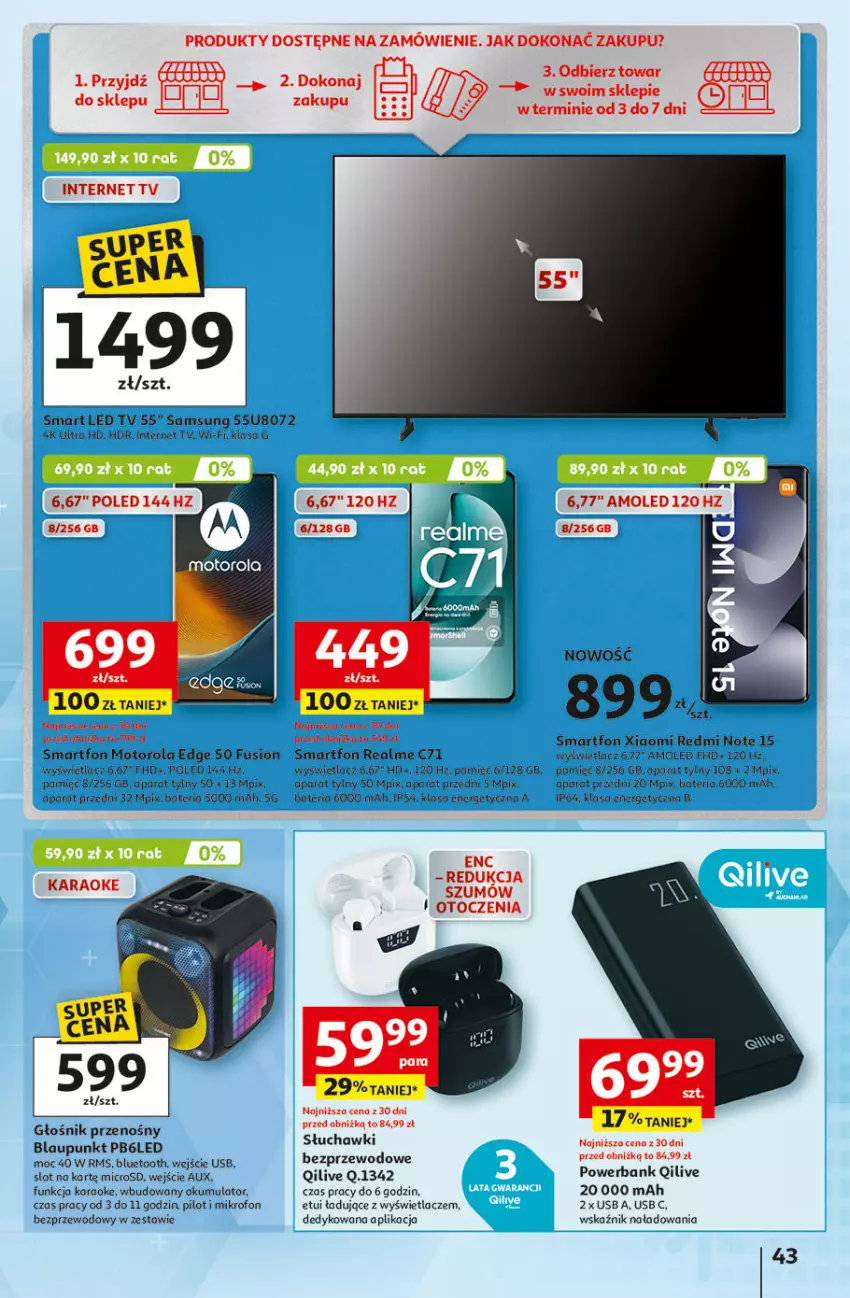 Gazetka promocyjna Auchan - Gazetka 30 Lat Hipermarket Auchan - ważna 22.01 do 28.01.2026 - strona 43 - produkty: Akumulator, Amol, Bateria, Fusion, Głośnik, LED TV, Mikrofon, Motorola, Powerbank, Redmi Note, Samsung, Słuchawki, Słuchawki bezprzewodowe, Smartfon