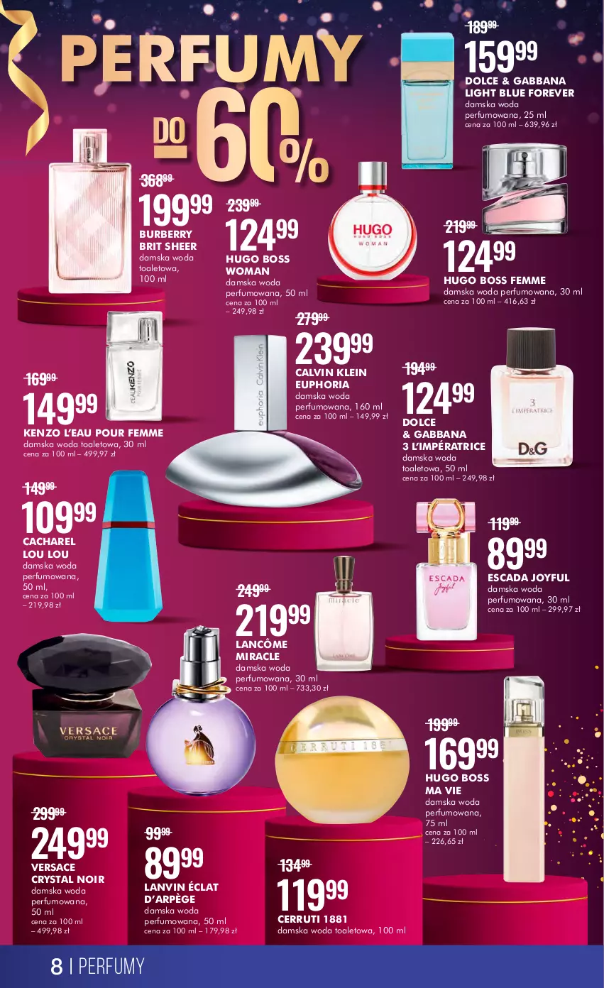 Gazetka promocyjna Super Pharm - Gazetka - ważna 27.12.2022 do 08.01.2023 - strona 8 - produkty: Brit, Burberry, Cacharel, Calvin Klein, Cerruti, Escada, Hugo Boss, Kenzo, Lancôme, Lanvin, Perfum, Versace, Woda, Woda perfumowana, Woda toaletowa