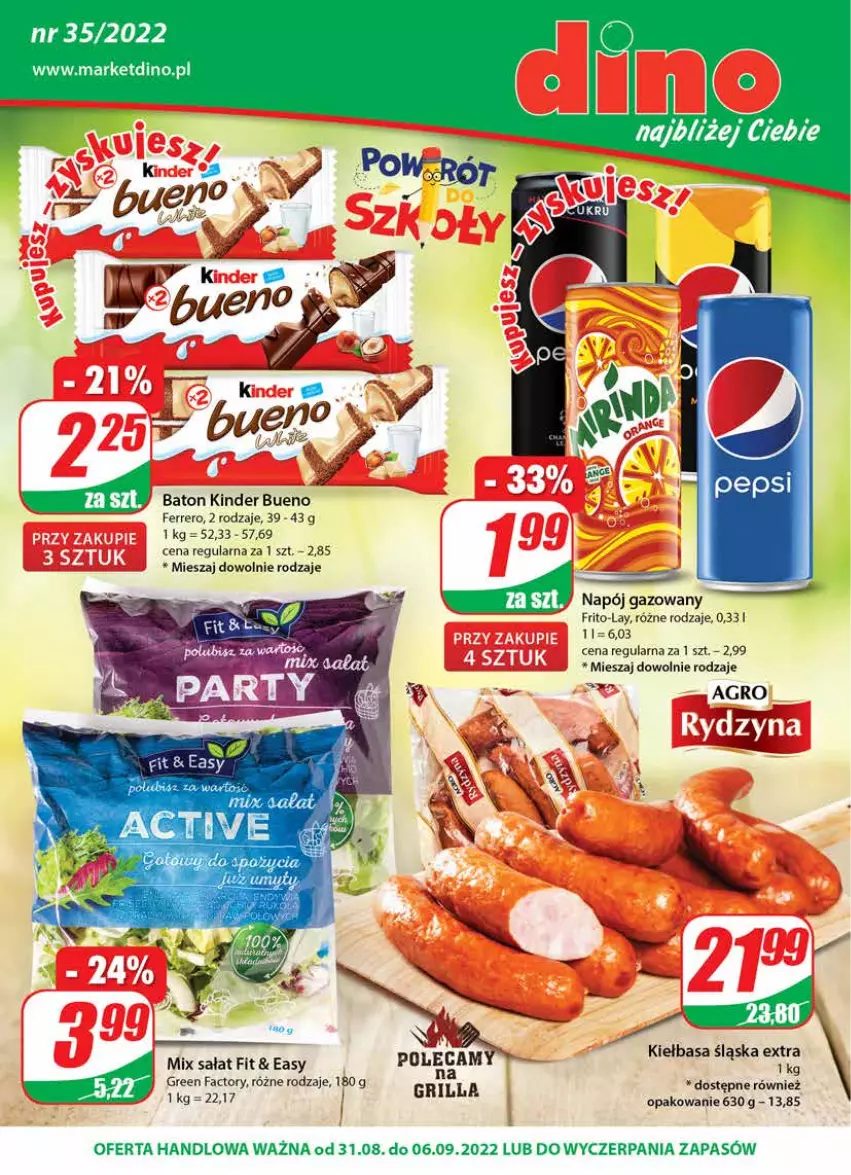 Gazetka promocyjna Dino - Gazetka - ważna 31.08 do 06.09.2022 - strona 1 - produkty: Baton, Ferrero, Grill, Kinder, Kinder Bueno, Napój, Napój gazowany, Sałat