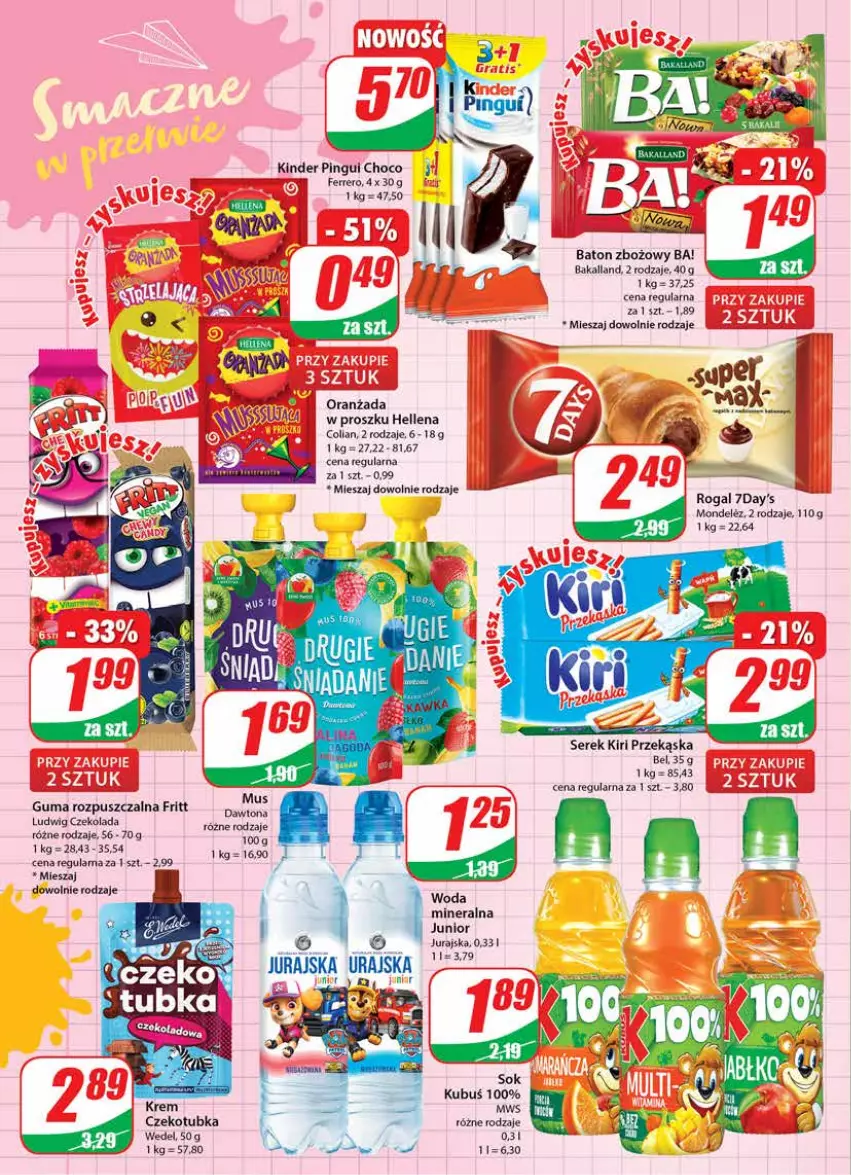 Gazetka promocyjna Dino - Gazetka - ważna 31.08 do 06.09.2022 - strona 4 - produkty: Ba!, Bakalland, Baton, Czekolada, Ferrero, Guma rozpuszczalna, Hellena, Kinder, Kubuś, Oranżada, Rogal, Ser, Serek, Sok, Woda, Woda mineralna