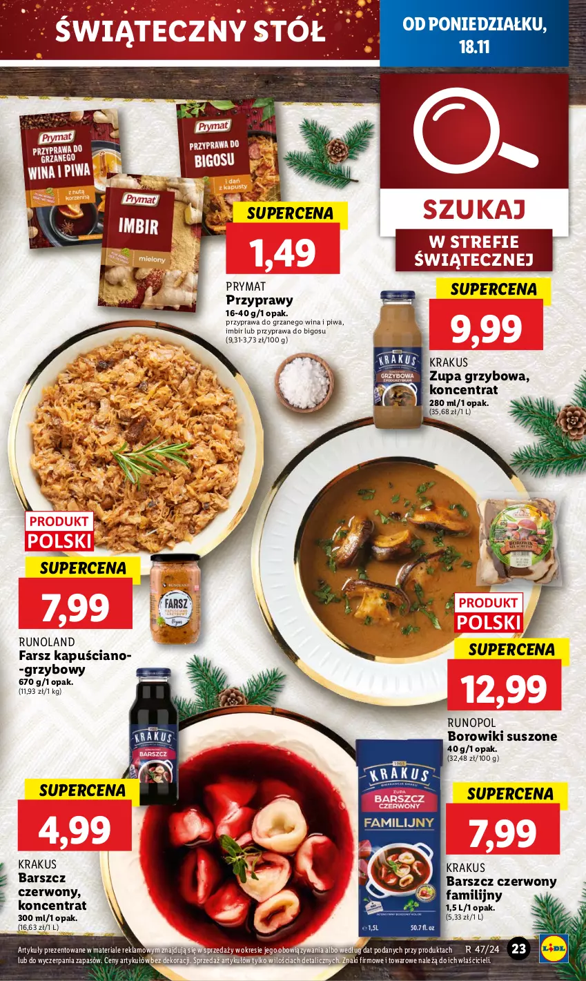 Gazetka promocyjna Lidl - GAZETKA - ważna 18.11 do 20.11.2024 - strona 27 - produkty: Bigos, Borowiki, Fa, Imbir, Krakus, Piwa, Prymat, Przyprawy, Runoland, Stół, Zupa