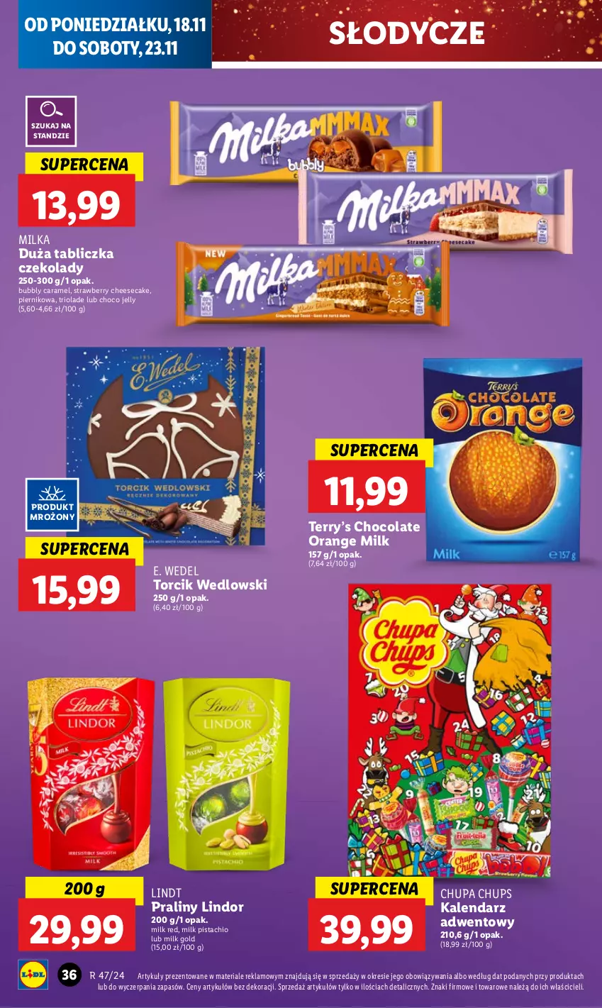 Gazetka promocyjna Lidl - GAZETKA - ważna 18.11 do 20.11.2024 - strona 42 - produkty: Chupa Chups, E. Wedel, Kalendarz, Kalendarz adwentowy, Lindor, Lindt, Milka, Piernik, Praliny