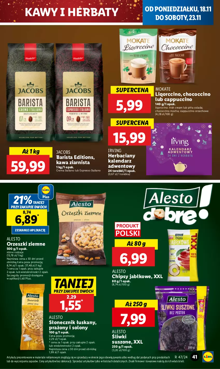 Gazetka promocyjna Lidl - GAZETKA - ważna 18.11 do 20.11.2024 - strona 47 - produkty: Cappuccino, Chipsy, Irving, Jacobs, Kalendarz, Kalendarz adwentowy, Kawa, Kawa ziarnista, Orzeszki, Orzeszki ziemne, Piña Colada, Torebka