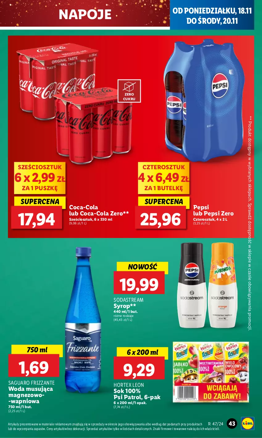 Gazetka promocyjna Lidl - GAZETKA - ważna 18.11 do 20.11.2024 - strona 49 - produkty: Coca-Cola, Hortex, Leon, Magnez, Mus, Napoje, Pepsi, Psi Patrol, Sok, Syrop, Woda