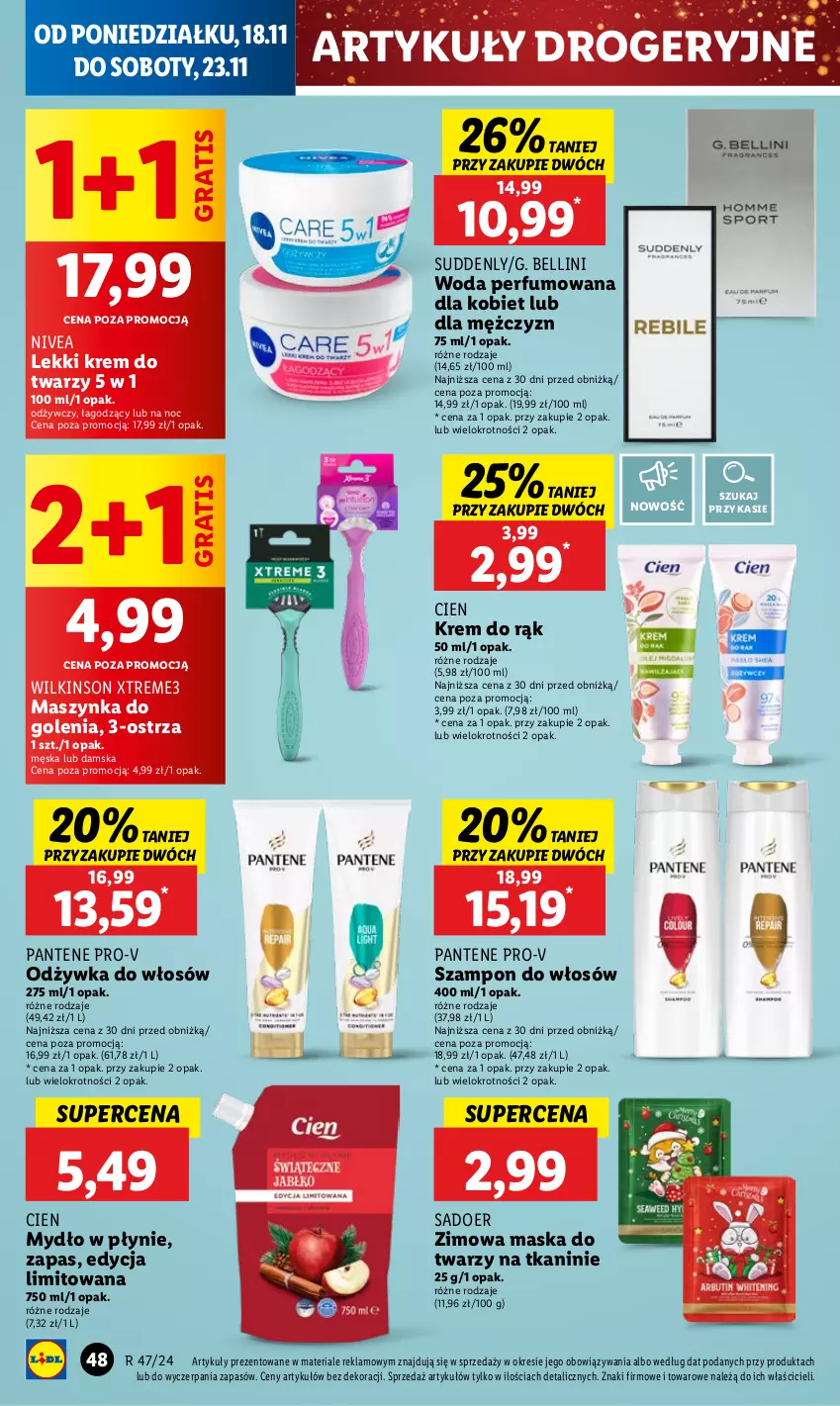 Gazetka promocyjna Lidl - GAZETKA - ważna 18.11 do 20.11.2024 - strona 56 - produkty: Bell, Gra, Krem do rąk, Krem do twarzy, Maska, Maska do twarzy, Maszynka, Maszynka do golenia, Mydło, Mydło w płynie, Nivea, Odżywka, Pantene, Perfum, Szampon, Szynka, Woda, Woda perfumowana