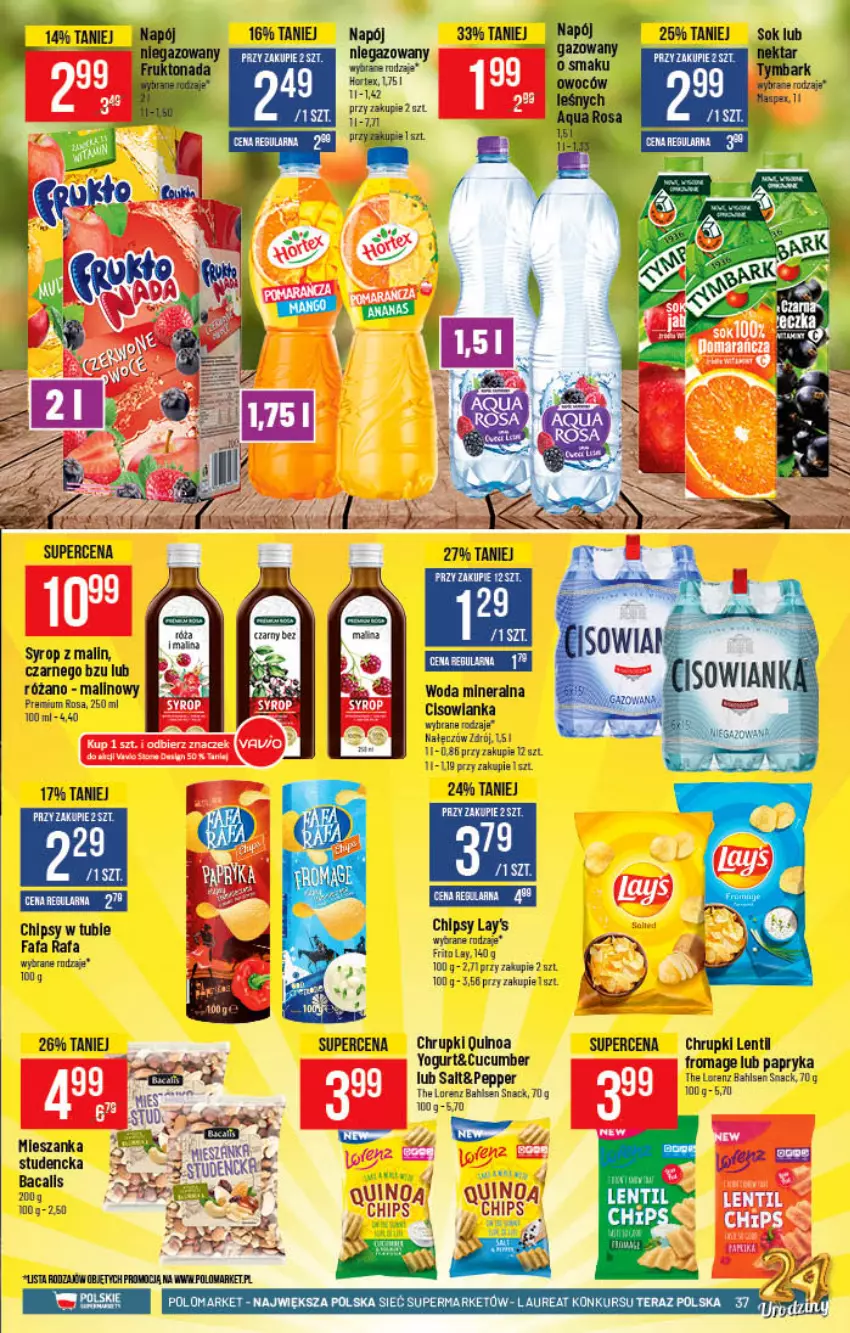 Gazetka promocyjna PoloMarket - Gazetka pomocyjna - ważna 27.10 do 02.11.2021 - strona 37 - produkty: Chipsy, Chrupki, Cisowianka, Fa, Hortex, Laur, Lorenz, Papryka, Quinoa, Róża, Syrop, Tera, Woda, Woda mineralna