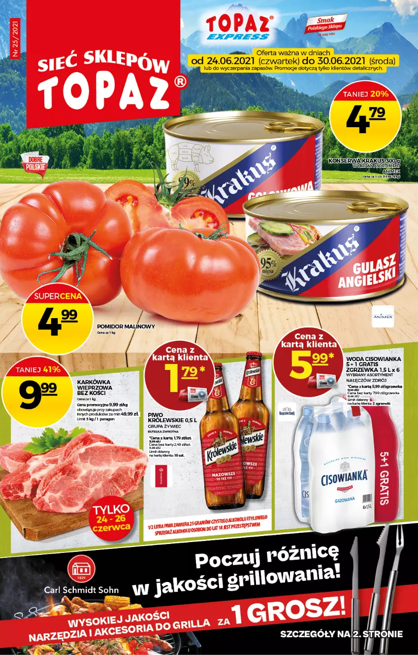 Gazetka promocyjna Topaz - Gazetka - ważna 24.06 do 30.06.2021 - strona 1 - produkty: Cisowianka, Gra, Królewski, Ser, Woda