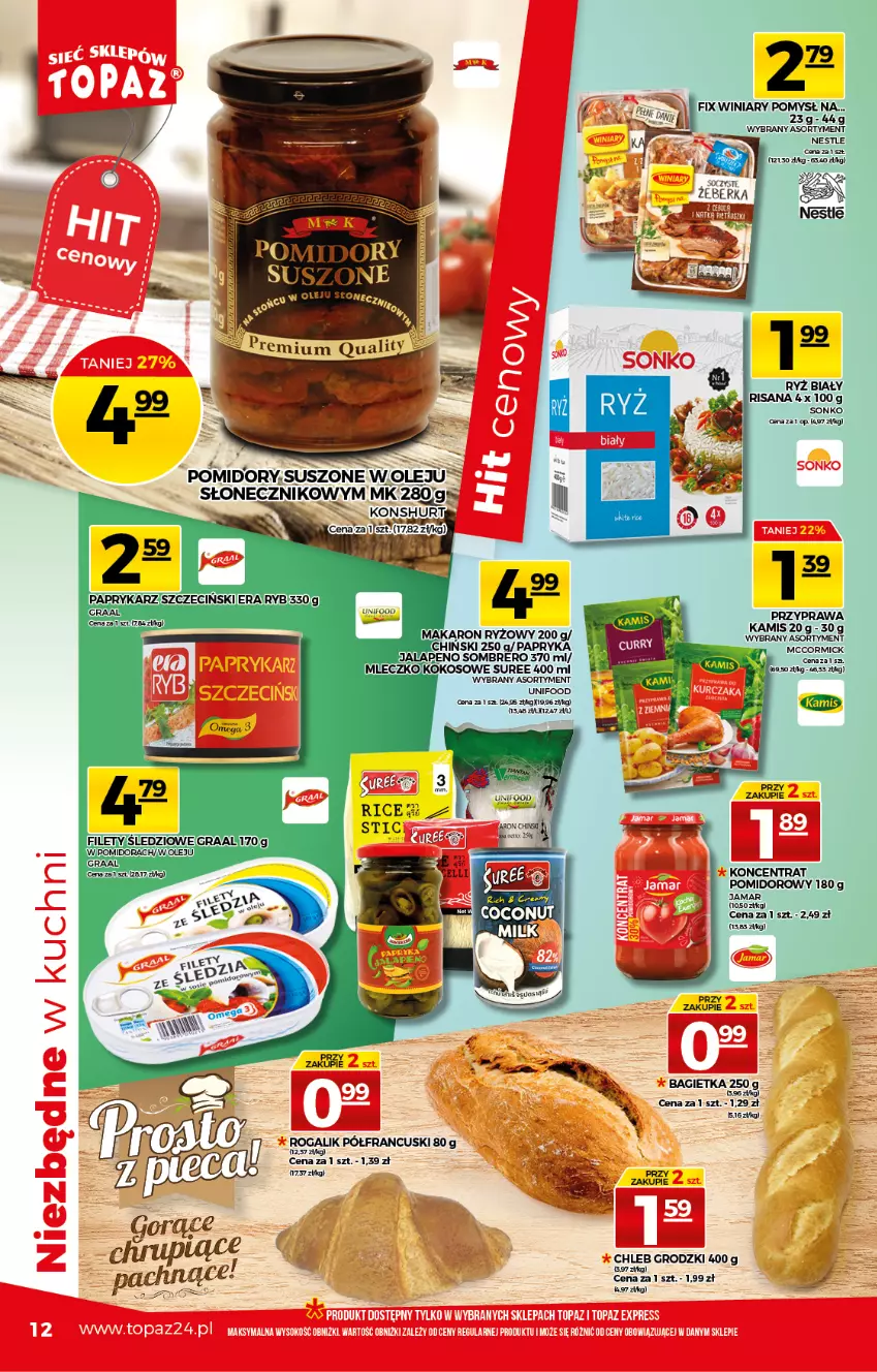 Gazetka promocyjna Topaz - Gazetka - ważna 24.06 do 30.06.2021 - strona 12 - produkty: Bagietka, Chleb, Era Ryb, Kamis, Koncentrat pomidorowy, Makaron, Makaron ryżowy, Olej, Papryka, Pomidory, Rogal, Ryż, Ryż biały, Sonko