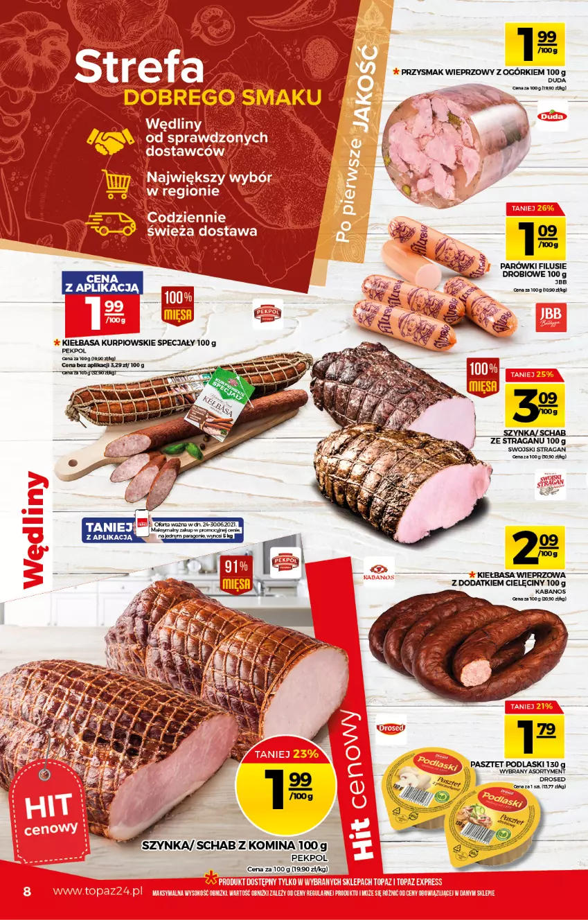 Gazetka promocyjna Topaz - Gazetka - ważna 24.06 do 30.06.2021 - strona 8 - produkty: Duda, Kiełbasa, Pasztet, Pekpol, Podlaski, Szynka