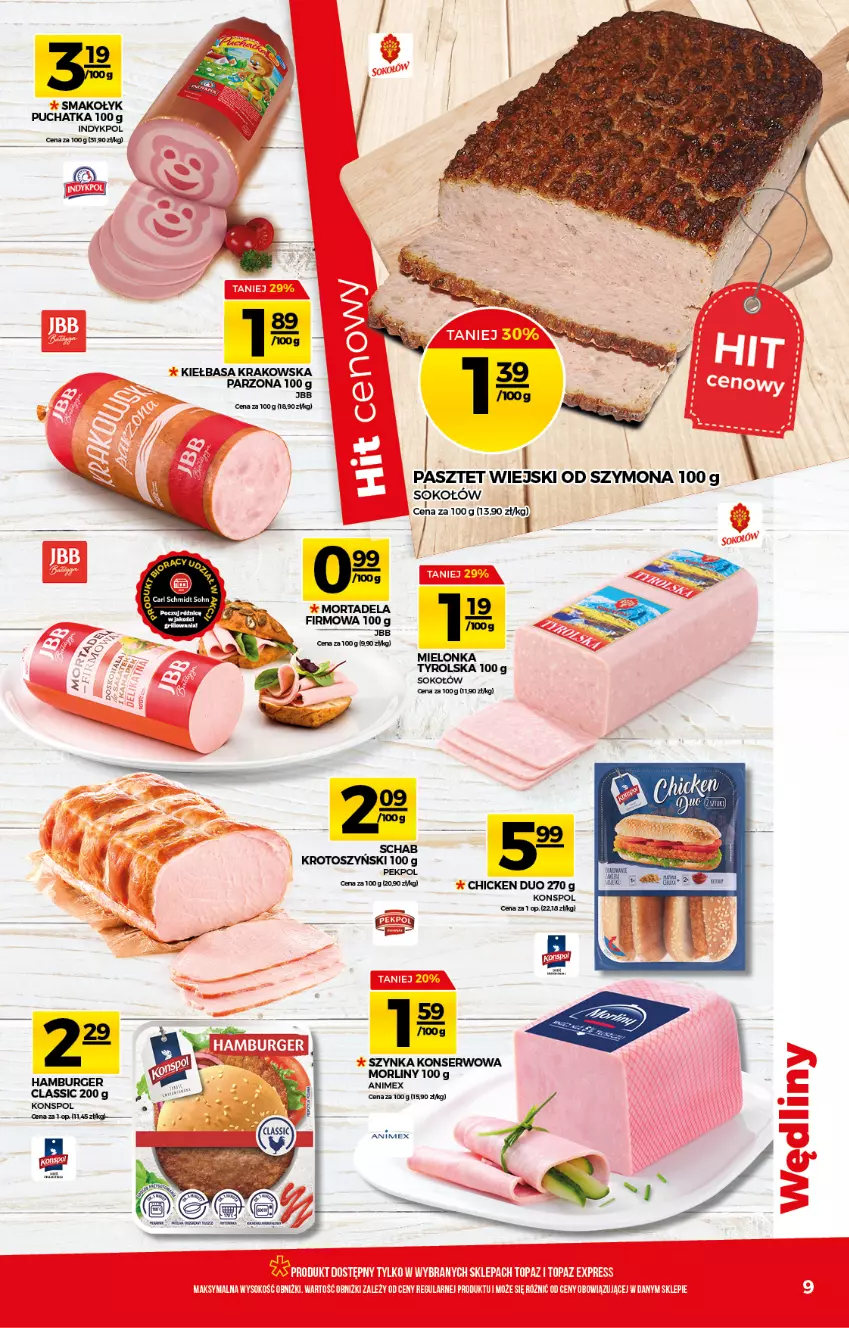 Gazetka promocyjna Topaz - Gazetka - ważna 24.06 do 30.06.2021 - strona 9 - produkty: Kiełbasa, Kiełbasa krakowska, Morliny, Pasztet, Pekpol, Ser, Sok, Sokołów, Szynka, Szynka konserwowa