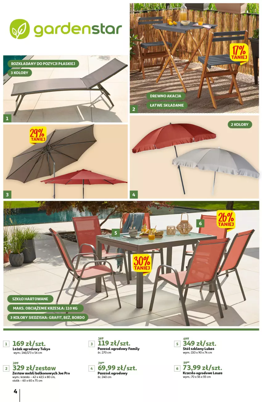 Gazetka promocyjna Auchan - GardenStar Hipermarkety - ważna 12.05 do 21.05.2022 - strona 4 - produkty: Fa, Krzesło, Krzesło ogrodowe, Laur, Parasol, Stół, Stolik