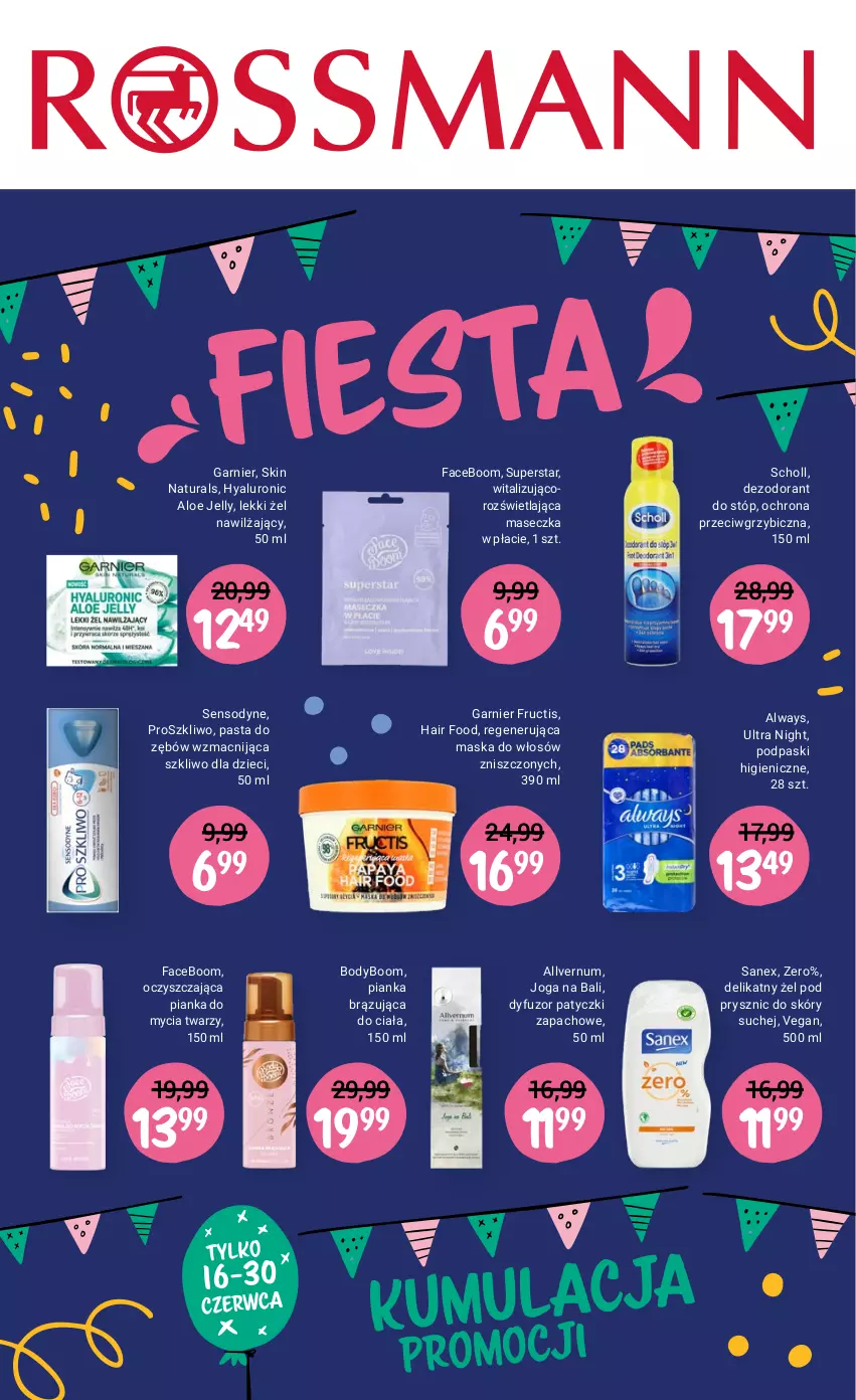 Gazetka promocyjna Rossmann - Fiesta - ważna 16.06 do 30.06.2021 - strona 1 - produkty: Always, BIC, Body, Dezodorant, Dzieci, Fa, Fructis, Garnier, Maska, Maska do włosów, Pasta do zębów, Pianka do mycia twarzy, Podpaski, Regenerująca maska, Sanex, Scholl, Sensodyne