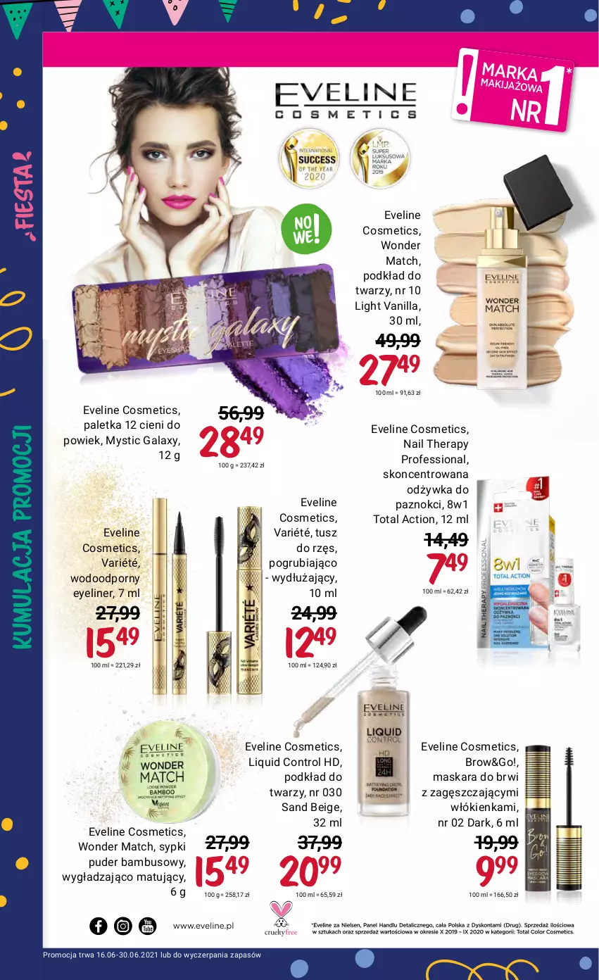 Gazetka promocyjna Rossmann - Fiesta - ważna 16.06 do 30.06.2021 - strona 10 - produkty: Control, Eveline, Gala, Maska, Maskara, Odżywka, Podkład, Podkład do twarzy, Por, Puder, Tusz